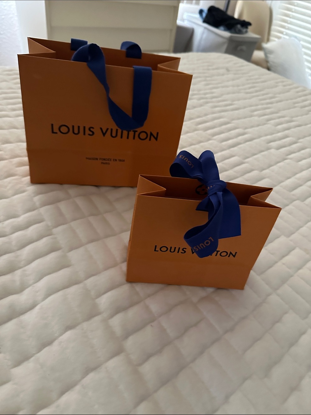 Louis Vuitton Orange Shopping Bags with Blue Ribbon